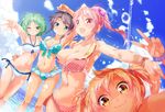  :d aqua_eyes bikini black_hair bracelet breasts cleavage day fang fang_out frilled_bikini frills front-tie_bikini front-tie_top green_eyes green_hair hair_bobbles hair_ornament hatano_kirie jewelry kamishima_mihori kikuno_mira kuromine_koyuki large_breasts looking_at_viewer multiple_girls navel open_mouth orange_eyes orange_hair original photobomb pink_eyes pink_hair polka_dot polka_dot_bikini polka_dot_swimsuit ponytail porurin shiori_series side-tie_bikini small_breasts smile swimsuit v water water_drop wrist_cuffs 