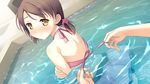  assisted_exposure blush brown_hair game_cg halterneck highres hirosaki_kanade kantoku looking_back nose_blush out_of_frame polka_dot polka_dot_swimsuit pov solo_focus swimsuit twintails undressing untying wading water yellow_eyes your_diary 