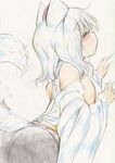  animal_ears bare_shoulders blush breasts closed_eyes color_trace colored_pencil_(medium) detached_sleeves hat highres inubashiri_momiji kitazinger large_breasts short_hair solo tail tokin_hat touhou traditional_media white_hair wolf_ears wolf_tail 