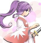  bad_id bad_pixiv_id bow ellipsis_(mitei) japanese_clothes long_hair meira ponytail profile purple_hair ribbon solo sword touhou touhou_(pc-98) weapon 
