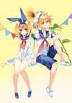  1girl aqua_eyes blonde_hair brother_and_sister flower hair_ornament hair_ribbon hairclip hat highres kagamine_len kagamine_rin long_hair ribbon sailor_collar siblings sunflower temari_(deae) twins vocaloid 