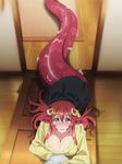  1girl blush breasts cleavage female highres lamia large_breasts long_hair looking_at_viewer lying miia_(monster_musume) monster_girl monster_musume_no_iru_nichijou open_mouth red_hair shedding solo stitched yellow_eyes 