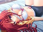  1girl asahina_rinka bed breasts choker downhill_night_2 erect_nipples game_cg indoors lying navel panties purple_eyes red_hair skirt solo twintails underwear white_panties 