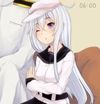  1girl admiral_(kantai_collection) ahoge commentary_request hat hibiki_(kantai_collection) highres kantai_collection kiyomin leaning_on_person long_hair one_eye_closed purple_eyes school_uniform serafuku silver_hair sitting timestamp verniy_(kantai_collection) 