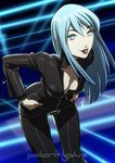  :p bent_over black_lipstick blue_eyes blue_hair breasts center_opening choker cleavage daniel_macgregor devil_summoner downblouse eyelashes hands_in_pockets high_collar lips lipstick long_hair looking_at_viewer makeup medium_breasts nemissa pale_skin shin_megami_tensei solo soul_hackers tongue tongue_out unzipped 