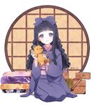  bad_id bad_pixiv_id black_hair bow cardcaptor_sakura daidouji_tomoyo full_body furisode hair_bow half_updo holding holding_stuffed_animal japanese_clothes kimono long_hair long_sleeves looking_at_viewer marin_(myuy_3) obi purple_eyes purple_kimono round_window sash seiza sidelocks sitting smile solo stuffed_animal stuffed_toy teddy_bear twitter_username wavy_hair white_legwear window 