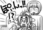  2girls ahoge couch cup detached_sleeves double_bun greyscale hairband hand_to_own_mouth headgear kantai_collection kongou_(kantai_collection) long_hair monochrome motion_lines multiple_girls natori_(kantai_collection) nontraditional_miko open_mouth pressing reclining senomoto_hisashi short_hair sitting spoken_interrobang surprised teacup translated wavy_mouth wide-eyed wide_sleeves |_| 