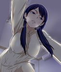  blue_eyes blue_hair breasts breath ceiling from_below heavy_breathing large_breasts long_hair looking_at_viewer mature mikumo_kasumi parted_lips sidelocks solo sweat wanao world_trigger 