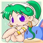  1girl armlet artist_request asha_(monster_world) blush bracelet chibi earrings green_hair jewelry long_hair lowres monster_world monster_world_iv nude open_mouth pepelogoo ponytail purple_eyes pussy sggg sitting uncensored 