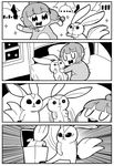  4koma anger_vein bkub bkub_duck carbuncle_(final_fantasy) closed_eyes comic fictional_persona final_fantasy final_fantasy_xiv greyscale lalafell monochrome silent_comic sleeping sparkle stuffed_animal stuffed_toy throwing trash_can two-tone_background 