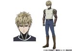  1boy black_sclera blonde_hair boots concept_art cyborg earrings genos jewelry official_art one-punch_man onepunch_man serious simple_background spiked_hair yellow_eyes 