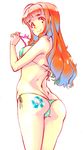  aqua_bikini ass bikini butt_crack chikuwa_(tks) eyewear_removed from_behind girls_und_panzer glasses holding holding_eyewear long_hair looking_at_viewer looking_back micro_bikini orange_eyes orange_hair pink-framed_eyewear side-tie_bikini simple_background smile solo swimsuit takebe_saori white_background 