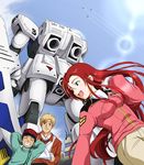  1girl 2boys airplane alfred_izuruha bandage baseball_cap bernard_wiseman blonde_hair child christina_mackenzie gloves green_eyes gundam gundam_0080 gundam_alex hat long_hair mecha military_uniform multiple_boys red_hair shield uniform 