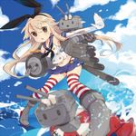  anchor_hair_ornament bare_shoulders black_panties blonde_hair blue_sky blurry boots bow brown_eyes carrying_under_arm cloud crop_top day depth_of_field elbow_gloves gloves grey_footwear hair_bow hair_ornament hairband high_heel_boots high_heels highleg highleg_panties kantai_collection lifebuoy long_hair looking_at_viewer machinery midriff navel neckerchief noro ocean open_mouth panties rensouhou-chan sailor_collar shimakaze_(kantai_collection) sky striped striped_legwear thighhighs underwear white_gloves 