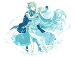  1girl aisutabetao aqua_(fire_emblem_if) armor barefoot blue_cape blue_hair blue_ribbon blush cape closed_eyes collar couple dancing detached_sleeves dress fire_emblem fire_emblem_if grey_hair hand_on_another's_shoulder hetero holding_hands long_hair male_my_unit_(fire_emblem_if) my_unit_(fire_emblem_if) red_eyes ribbon short_hair sweatdrop veil very_long_hair waltz_(dance) water white_dress wide-eyed 