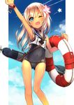  arm_up bad_id bad_pixiv_id blue_eyes blush commentary_request crop_top flower hair_flower hair_ornament highres kantai_collection lifebuoy long_hair moriki one-piece_swimsuit one_eye_closed open_mouth ro-500_(kantai_collection) sailor_collar school_swimsuit silver_hair smile solo swimsuit swimsuit_under_clothes tan tanline torpedo 