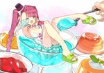  bare_shoulders bloomers blush breasts cleavage dessert food gelatin green_eyes in_food legs long_hair medium_breasts minigirl miyoshino open_mouth original out_of_frame purple_hair sandals spoon twintails underwear 