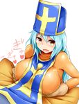  blue_hair bodysuit breasts dragon_quest dragon_quest_iii highres large_breasts long_hair mizuyan open_mouth orange_bodysuit paizuri paizuri_under_clothes priest_(dq3) red_eyes simple_background smile solo white_background 