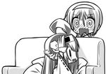  @_@ ahoge arms_up blush confused couch crying cup detached_sleeves double_bun greyscale hairband hand_to_own_mouth hands_on_own_head headgear kantai_collection kongou_(kantai_collection) long_hair looking_back monochrome multiple_girls natori_(kantai_collection) nontraditional_miko open_mouth rectangular_mouth senomoto_hisashi short_hair sitting sweat teacup tears wavy_mouth |_| 
