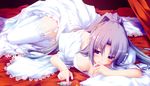  absurdres bed blush braid breasts canvas_2 chikotam cleavage curtains downblouse dress frills garter_straps highres lace lace-trimmed_dress lace-trimmed_thighhighs large_breasts lingerie long_hair lying off_shoulder paint_tube pillow ponytail puffy_sleeves purple_eyes purple_hair saginomiya_saya scan short_sleeves smile solo tassel thighhighs underwear very_long_hair wedding_dress white_dress white_legwear 