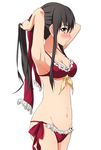  adjusting_hair aono_meri armpits bad_id bad_pixiv_id bikini black_eyes blush brown_hair frilled_bikini frills hakurei_reimu highres long_hair navel ponytail red_bikini ribbon-trimmed_bikini ribbon_trim solo stomach swimsuit touhou 