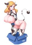  absurdres animal_ears animal_print box breasts cow_ears cow_girl cow_print cow_tail highres huge_breasts long_hair looking_at_viewer nipples orange_hair purple_eyes smile solo steamed_egg tail tail_raised thighhighs 