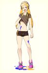  absurdres bike_shorts blue_eyes domino_mask fangs groin headphones highres inkling long_hair mask midriff navel older orange_hair paint puchiman shirt_lift shoes short_shorts shorts sneakers solo splatoon_(series) splatoon_1 tentacle_hair 