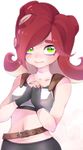  belt black_gloves blush fingerless_gloves gloves green_eyes highres midriff navel octarian panda_tarou red_hair short_hair solo splatoon_(series) splatoon_1 takozonesu tentacle_hair 