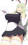  @_@ accio animal_ears apron blue_eyes bow bowtie breasts bunny_ears cleavage detached_collar elbow_gloves embarrassed from_below garter_straps gloves green_hair hair_between_eyes large_breasts long_hair maid_headdress miniskirt open_mouth original panties sidelocks simple_background skirt solo sweatdrop thighhighs tray underwear upskirt waist_apron wavy_mouth white_background white_gloves white_legwear white_panties 