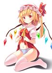  ascot blonde_hair flandre_scarlet frown hat highres oimo_(imoyoukan) panties red_eyes ribbon short_hair side_ponytail solo striped striped_panties thighhighs touhou underwear white_legwear wings 
