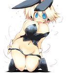  animal_ears blonde_hair blue_eyes blush breasts bunny_ears cleavage groin kneeling large_breasts navel open_mouth original sakaki_(noi-gren) short_hair simple_background solo white_background 