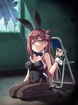  animal_ears bare_shoulders black_legwear blush bow bowtie breasts broken_window brown_hair bunny_ears bunny_girl bunny_tail bunnysuit chair cleavage cuffed cuffs detached_collar fishnet_pantyhose fishnets gakkou_gurashi! hair_ornament hairclip handcuffs high_heels large_breasts long_hair looking_at_viewer masakichi_(crossroad) mole mole_under_eye pantyhose sitting solo tail wakasa_yuuri wariza wrist_cuffs yellow_eyes 