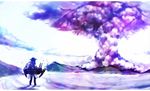 explosion haruna_(kantai_collection) historical_event kantai_collection long_hair lowres mountain mushroom_cloud solo sowamame water world_war_ii 