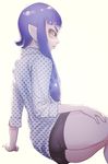  absurdres arm_support ass bike_shorts domino_mask dress_shirt flat_ass highres inkling long_hair mask pointy_ears puchiman purple_hair shirt simple_background sitting solo splatoon_(series) splatoon_1 tentacle_hair white_background yellow_eyes 