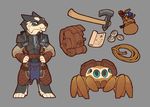  2014 ambiguous_gender anthro arachnid armor arthropod axe backpack bag blue_eyes chibi clothed clothing coin digital_media_(artwork) duo eyes_closed grey_background jewels mammal map melee_weapon rope simple_background smile snowskau spider standing weapon 