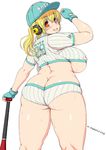  ass baseball_bat baseball_cap baseball_uniform blonde_hair blush breasts butt_crack clothes_writing fingerless_gloves gloves hat headphones huge_breasts looking_at_viewer looking_back midriff nitroplus open_mouth pants plump short_hair smile solo sportswear super_pochaco sweat tsuji_santa twintails underboob 