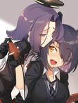  :d black_gloves blush checkered checkered_neckwear eyepatch gloves hair_over_one_eye kantai_collection mechanical_halo multiple_girls necktie open_mouth purple_eyes purple_hair satori0121 short_hair smile sweatdrop tatsuta_(kantai_collection) tenryuu_(kantai_collection) yellow_eyes 