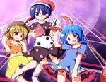  :d animal_ears blob blonde_hair blue_eyes blue_hair book bunny_ears dango doremy_sweet dress food frilled_dress frills full_moon hat kine mallet moon multiple_girls navel nightcap open_mouth puffy_short_sleeves puffy_sleeves pumpkin_shorts red_eyes ringo_(touhou) seiran_(touhou) senba_chidori shirt short_hair short_sleeves skewer smile touhou wagashi 