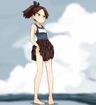  abe_kanari brown_hair collarbone full_body kantai_collection one-piece_swimsuit pleated_skirt ponytail school_swimsuit shikinami_(kantai_collection) sketch skirt solo swimsuit yellow_eyes 