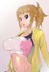  breasts brown_hair collarbone erect_nipples female gradient gradient_background gundam gundam_build_fighters gundam_build_fighters_try hoshino_fumina jacket kotoyoshi_yumisuke large_breasts long_sleeves looking_at_viewer navel open_mouth ponytail solo sports_bra upper_body 