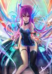  collar dress highres long_hair original purple_hair red_eyes single_thighhigh solo strapless strapless_dress thigh_strap thighhighs wangchuan_de_quanyan 