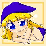  1girl artist_request blonde_hair blue_eyes blush boots breasts chibi female hat long_hair lowres madou_monogatari nipples nude pussy puyopuyo sggg solo uncensored witch witch_(puyopuyo) witch_hat 