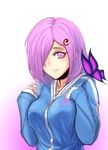  adapted_costume breasts bug butterfly casual commentary_request highres hood hoodie insect koissa large_breasts lips no_hat no_headwear one_eye_covered pink_hair saigyouji_yuyuko short_hair smile solo touhou 