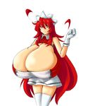  1girl aeon708 bare_shoulders breasts cleavage female gigantic_breasts gloves long_hair maid_headdress miniskirt orange_eyes original red_hair simple_background skirt solo standing thighhighs very_long_hair white_background white_gloves white_legwear 