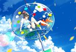  bangs black_hair blue_sky breasts brown_eyes bubble cloud day fish goldfish hair_ornament high_ponytail in_bubble komochi long_hair medium_breasts navel open_mouth original petals ponytail sandals shirt shorts sky solo water white_shirt wind_chime 