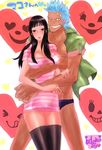  1boy 1girl bandaid bangs black_hair black_legwear blue_hair blunt_bangs blush breasts cleavage collarbone couple dress franky grin heart heart_background hug large_breasts long_hair looking_at_viewer minidress nico_robin one_piece open_mouth shirt short_dress short_sleeves smile spiked_hair striped striped_dress swim_briefs teeth thighhighs 