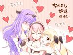  blonde_hair blush breasts camilla_(fire_emblem_if) cleavage closed_eyes elise_(fire_emblem_if) female_my_unit_(fire_emblem_if) fire_emblem fire_emblem_if heart hug long_hair medium_breasts multiple_girls my_unit_(fire_emblem_if) one_eye_closed pink_hair purple_hair sakae_(1210hati) siblings sisters small_breasts translation_request wavy_mouth 