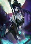  alta_ji black_hair breasts broom cleavage detached_sleeves dress fingernails halloween hat high_heels horns jewelry kneeling_on_water lantern large_breasts long_hair looking_at_viewer moon necklace original signature solo thighhighs water witch_hat 