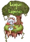  blue_eyes blue_skin goggles goggles_on_head green_eyes highres league_of_legends midriff mushroom navel otani_(kota12ro08) plant pointy_ears short_hair sitting solo transparent_background tree tristana vines white_hair yordle 