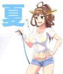  ahoge alternate_hairstyle bikini bikini_under_clothes breasts brown_hair cleavage double_bun hairband hand_on_hip hose kantai_collection kongou_(kantai_collection) large_breasts long_hair midriff multi-strapped_bikini open_mouth ponytail purple_eyes remodel_(kantai_collection) scrunchie shigure_ryuunosuke shirt short_shorts shorts solo swimsuit swimsuit_under_clothes toned translated wet wet_clothes wet_shirt wet_t-shirt 